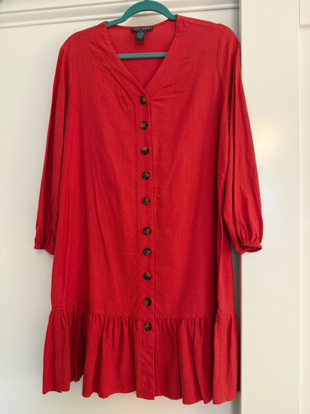 Chelsea & Theodore Red Button-Front Long Sleeve Ruffle-Hem Dress